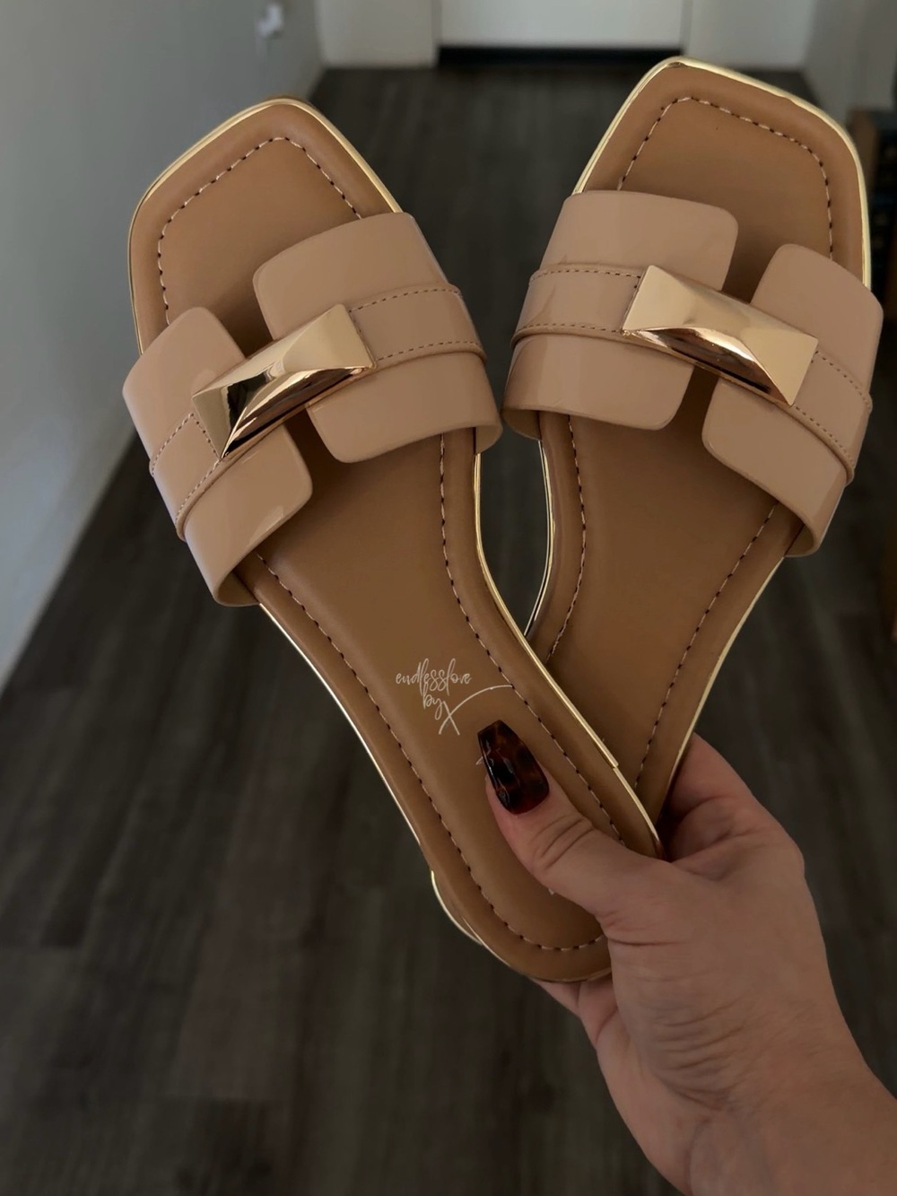 Women’s Nude Slide Sandals with Gold Accent